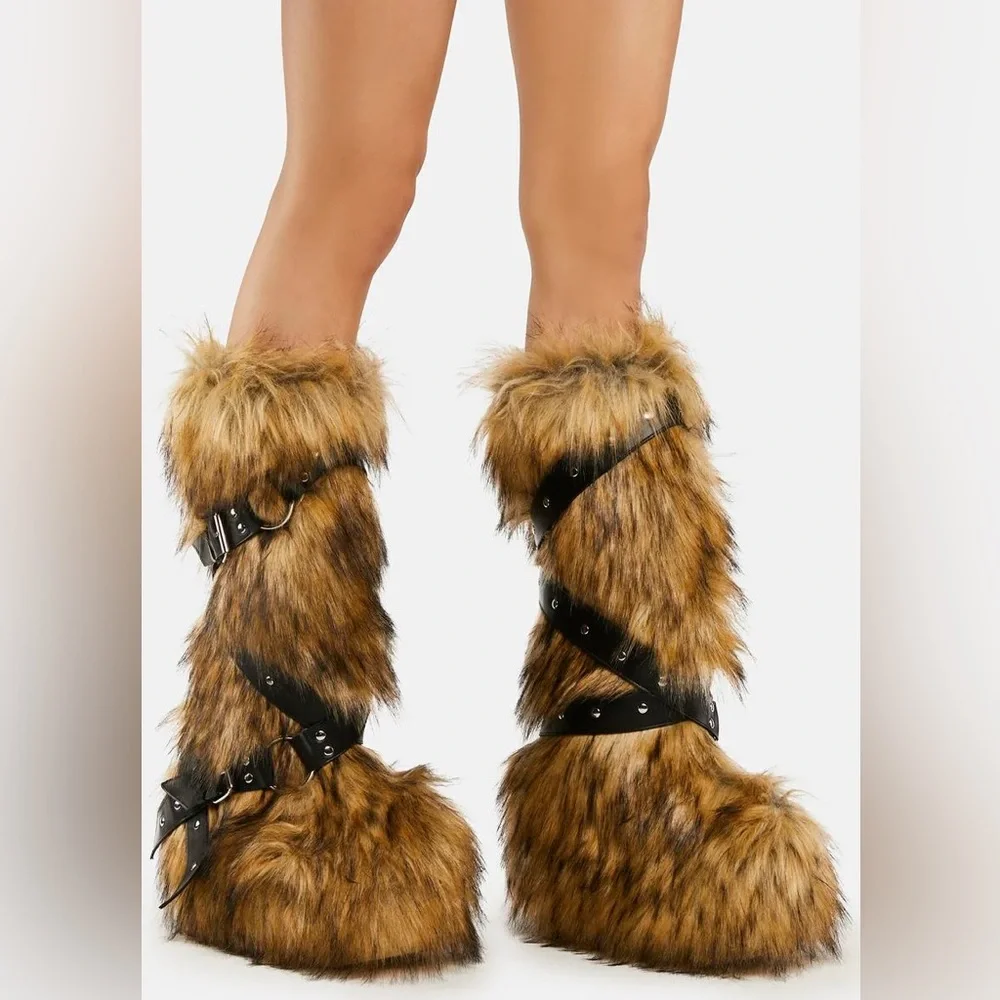 Brown knee high fur platform boots size 6